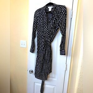 Max Mara Polka Dot Black White Silk Wrap Waist Dress Women Size 8
